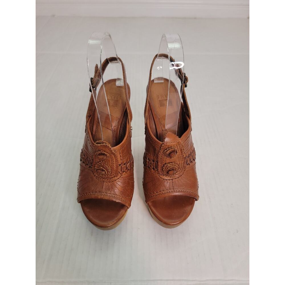Frye Anya Concho Heel Sandal SZ 7M Sling Platform Wood Broen Leather Retro Boho - Picture 2 of 9